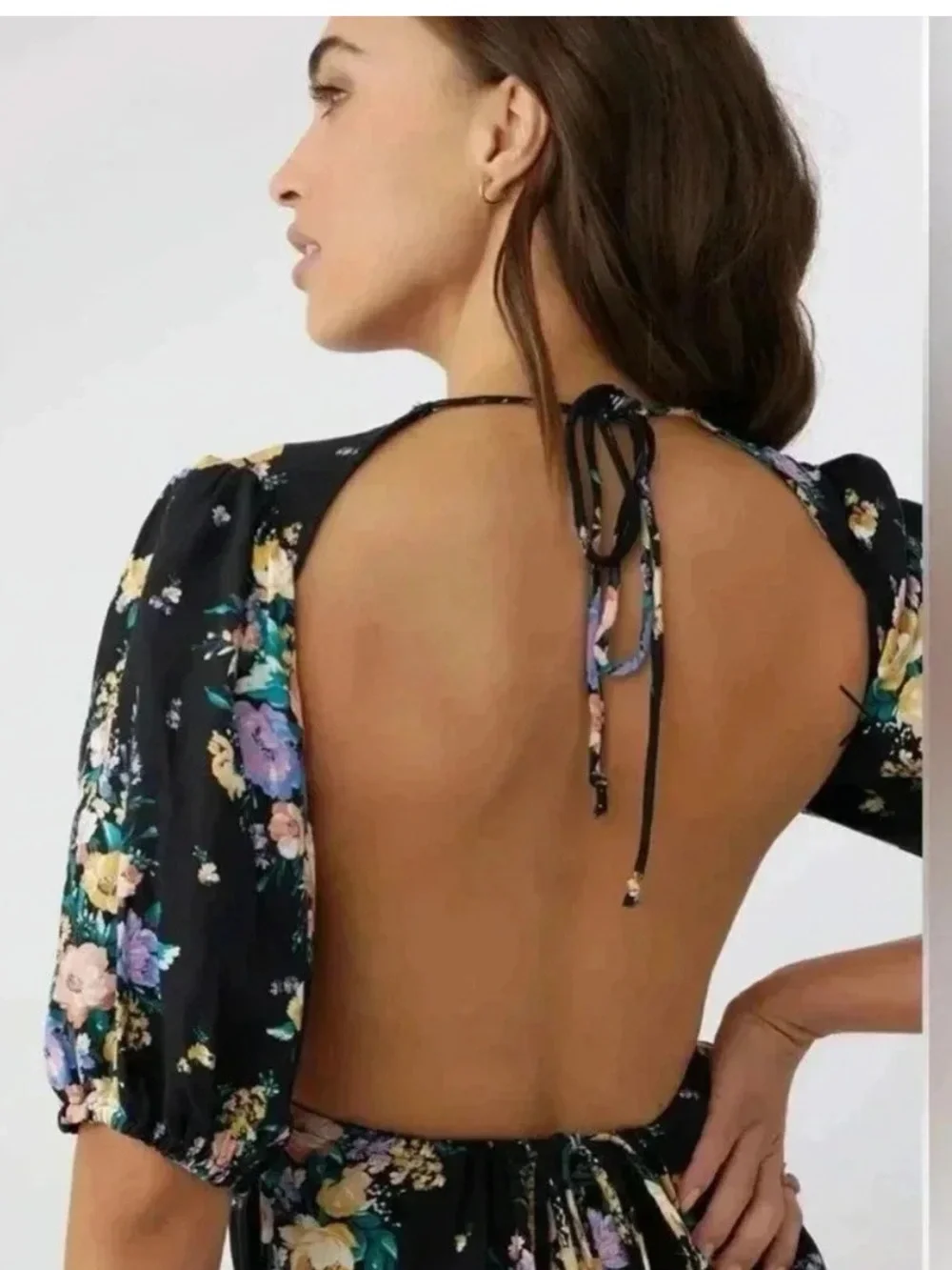 O'Neill NWT Alta Dress Floral Short Puff Sleeve Open Back Tiered Midi Black S